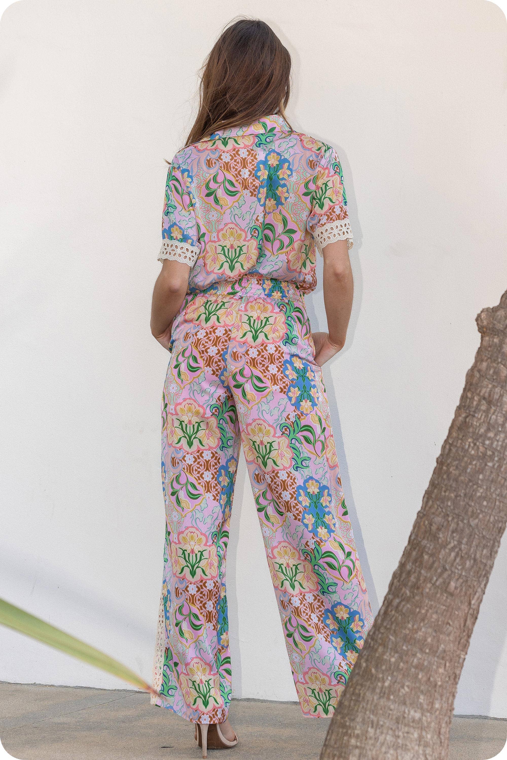 Garden Party Crochet Contrast Trim Satin Shirt