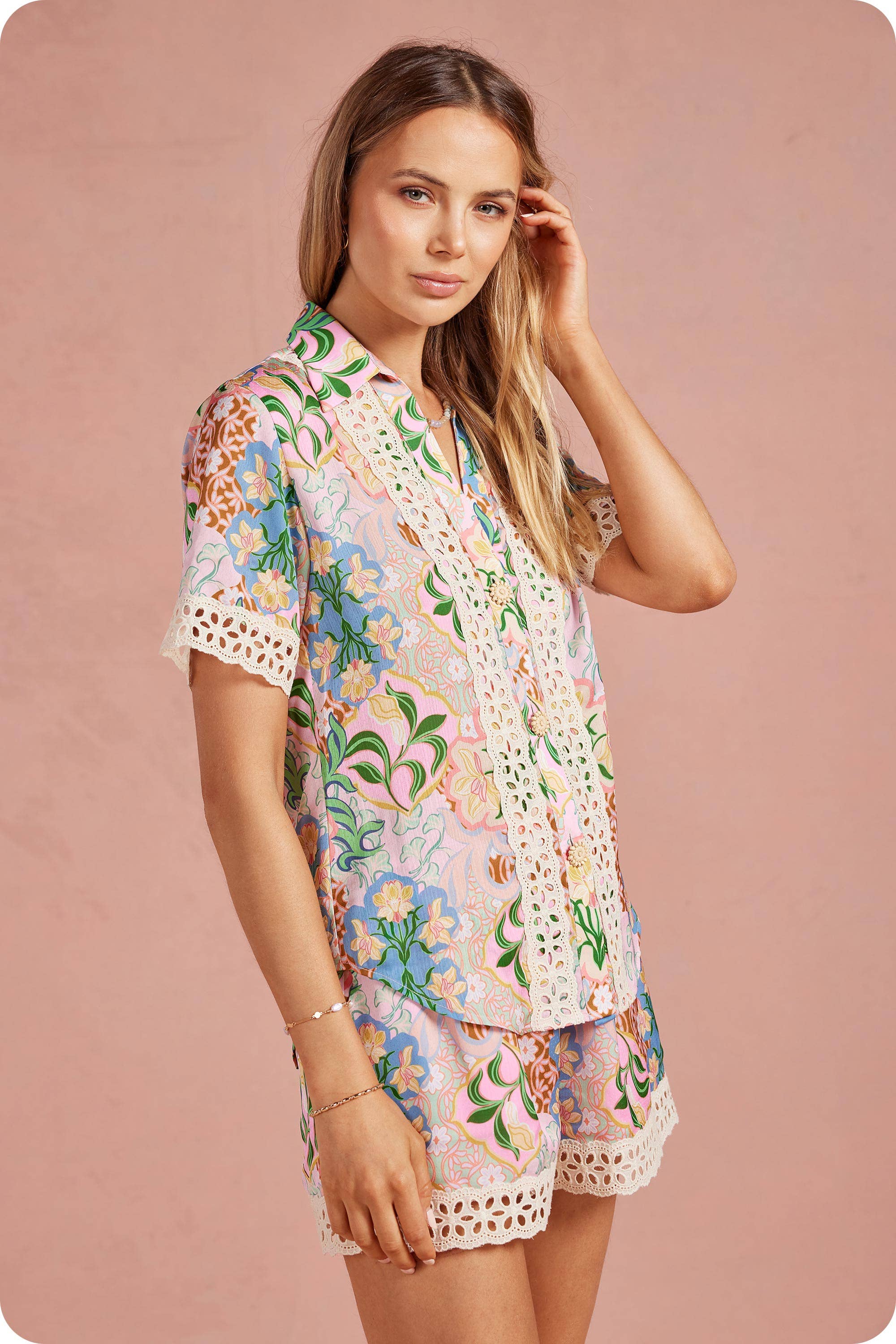 Garden Party Crochet Contrast Trim Satin Shirt
