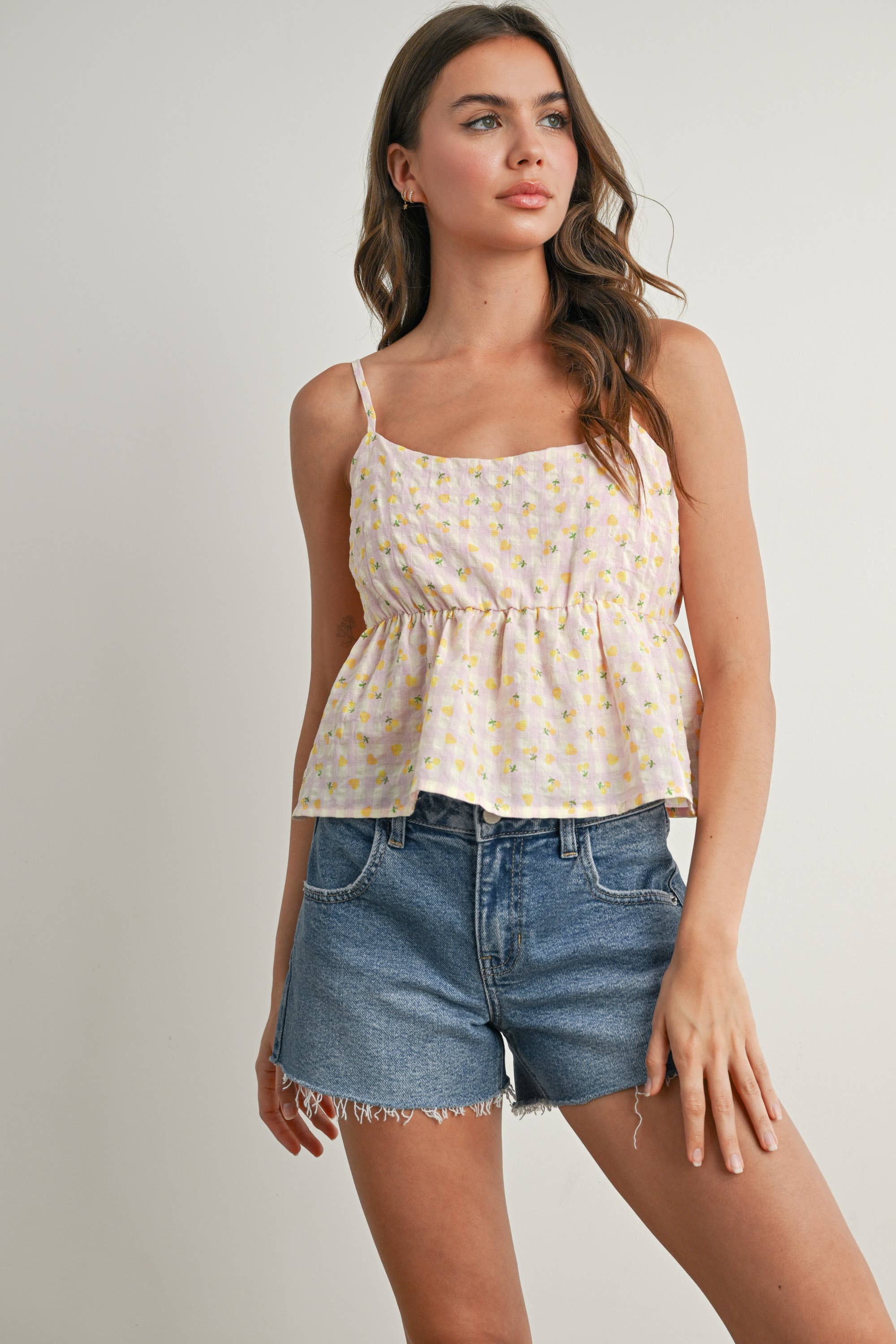 Printed Gingham Ruffle Tank Top