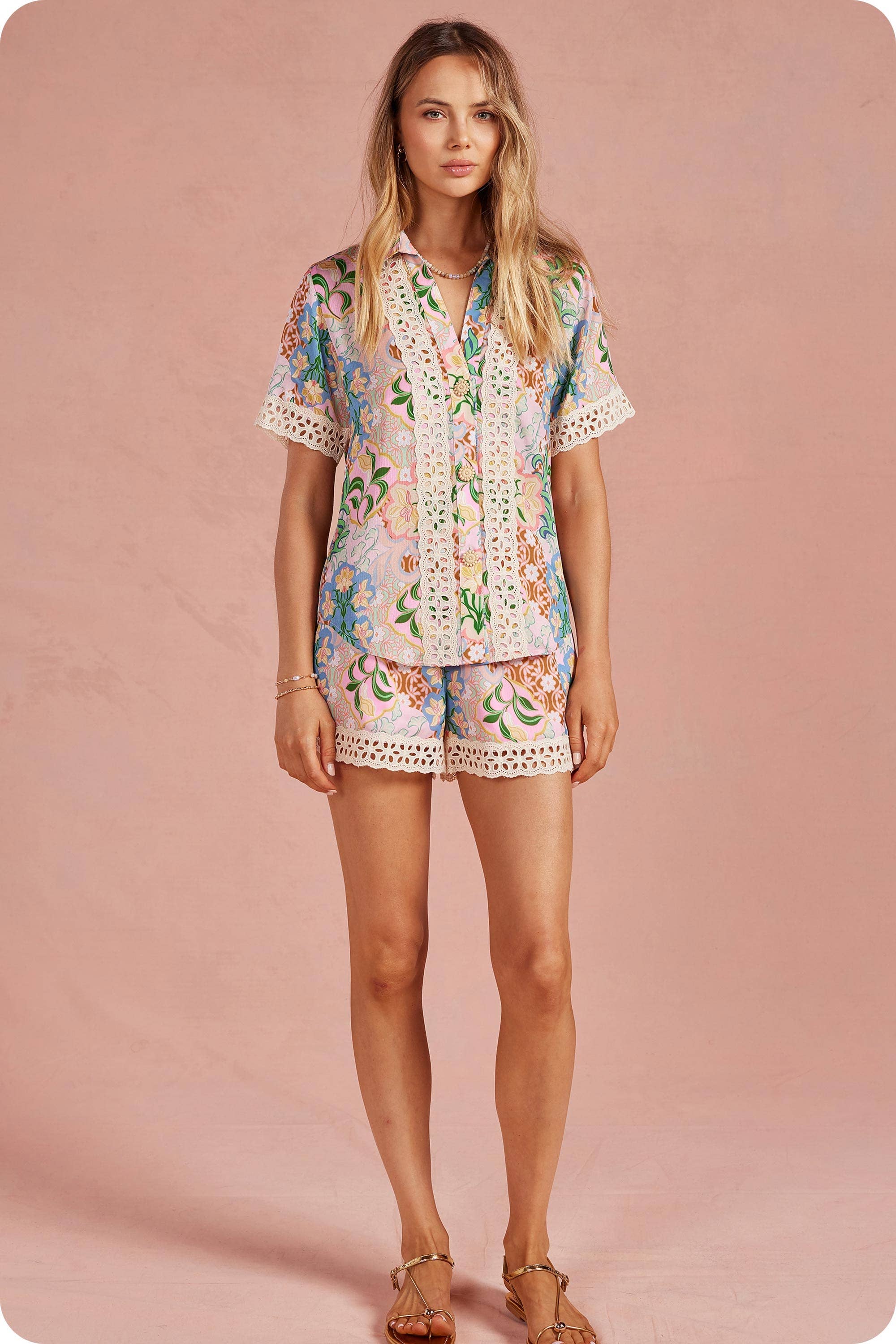 Garden Party Crochet Contrast Trim Satin Shirt