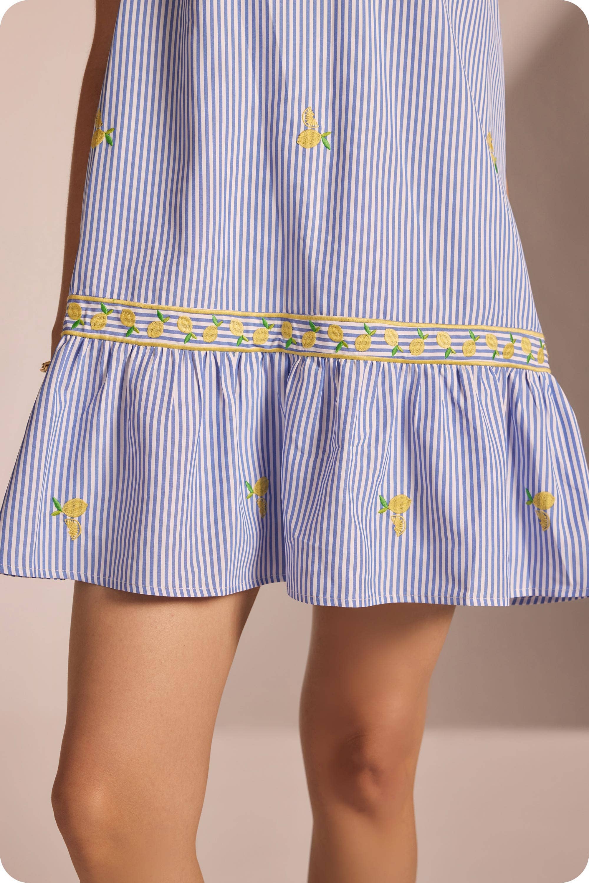 Lemon Embroidery Bow Strap Stripe Mini Dress