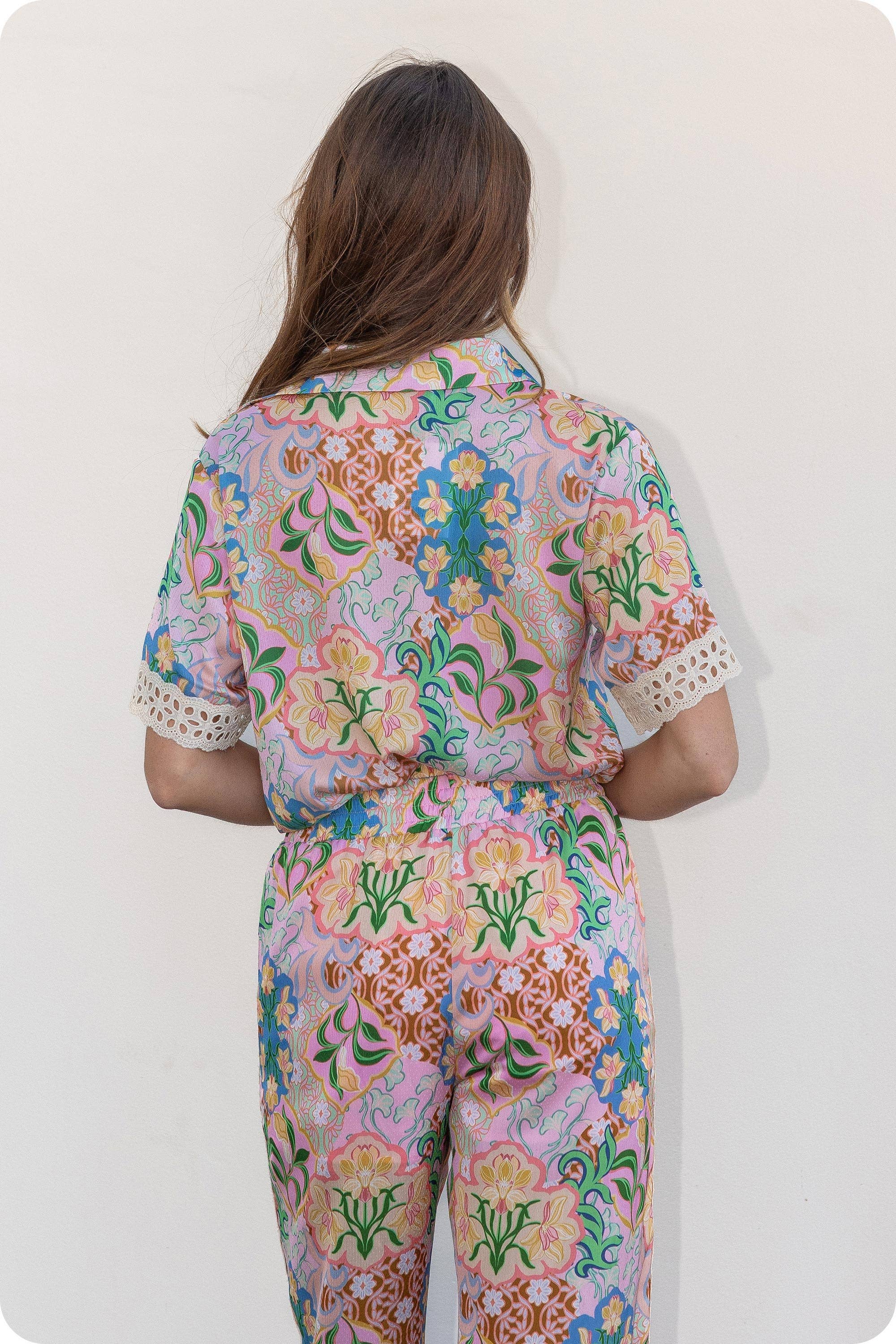 Garden Party Crochet Contrast Trim Satin Shirt