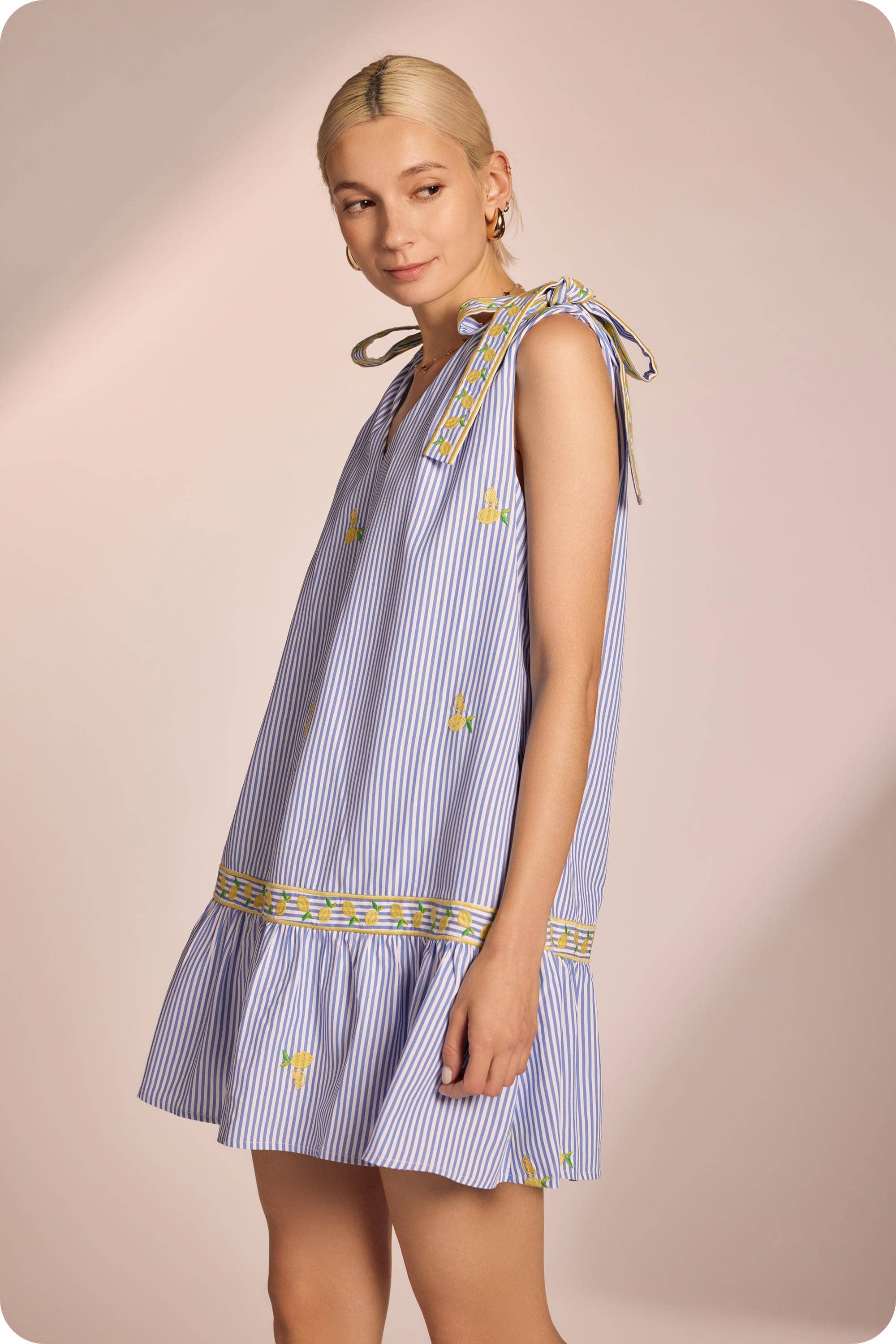 Lemon Embroidery Bow Strap Stripe Mini Dress