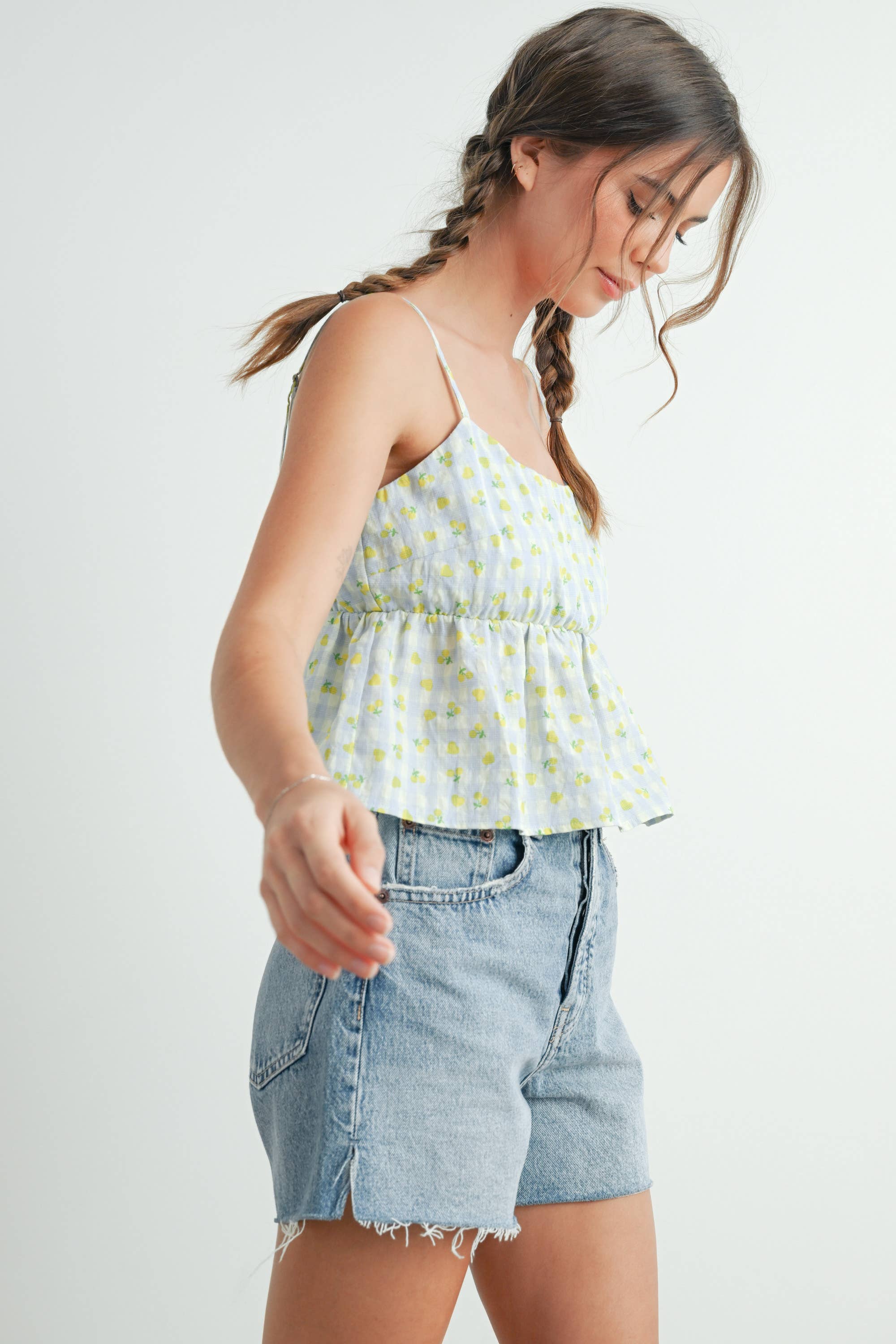 Printed Gingham Ruffle Tank Top