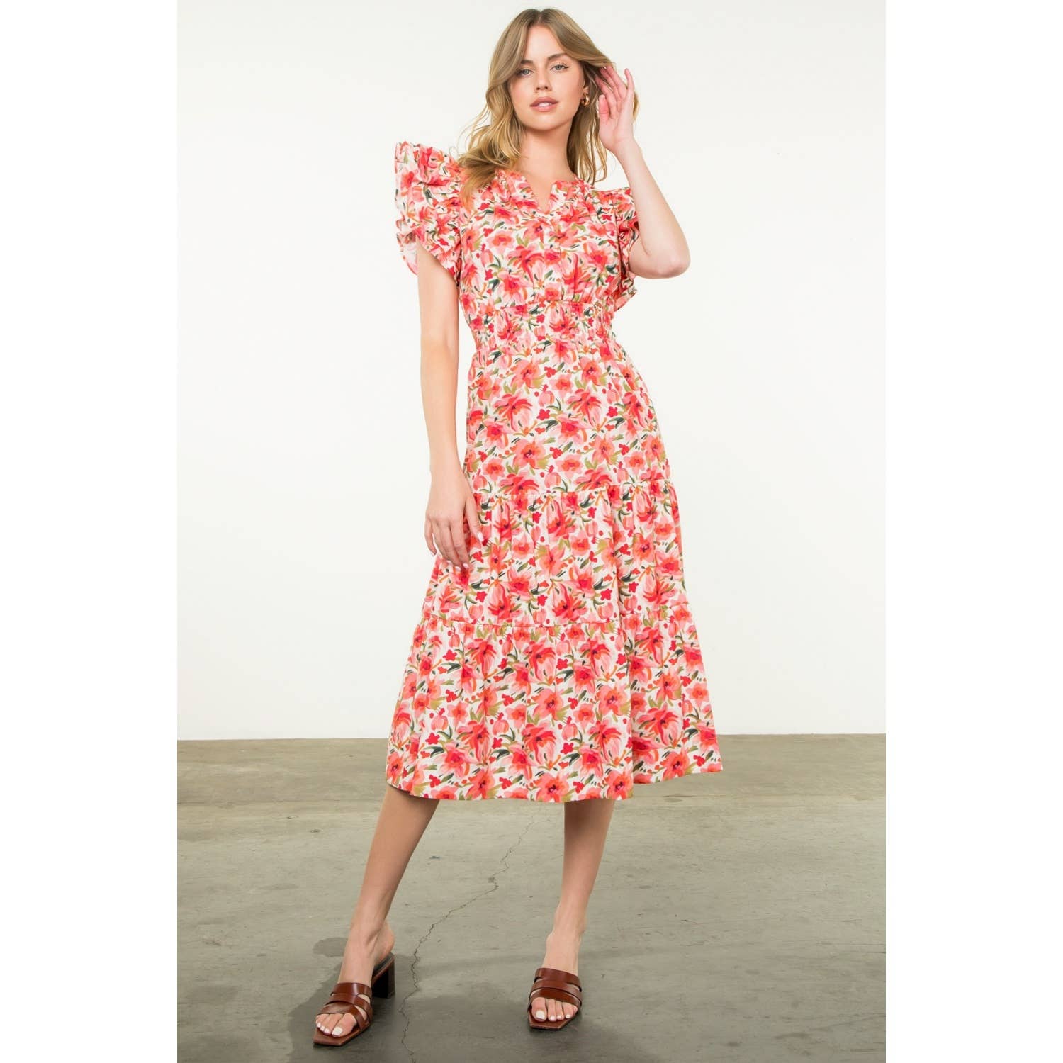 Ruffle Sleeve Flower Print Dress
