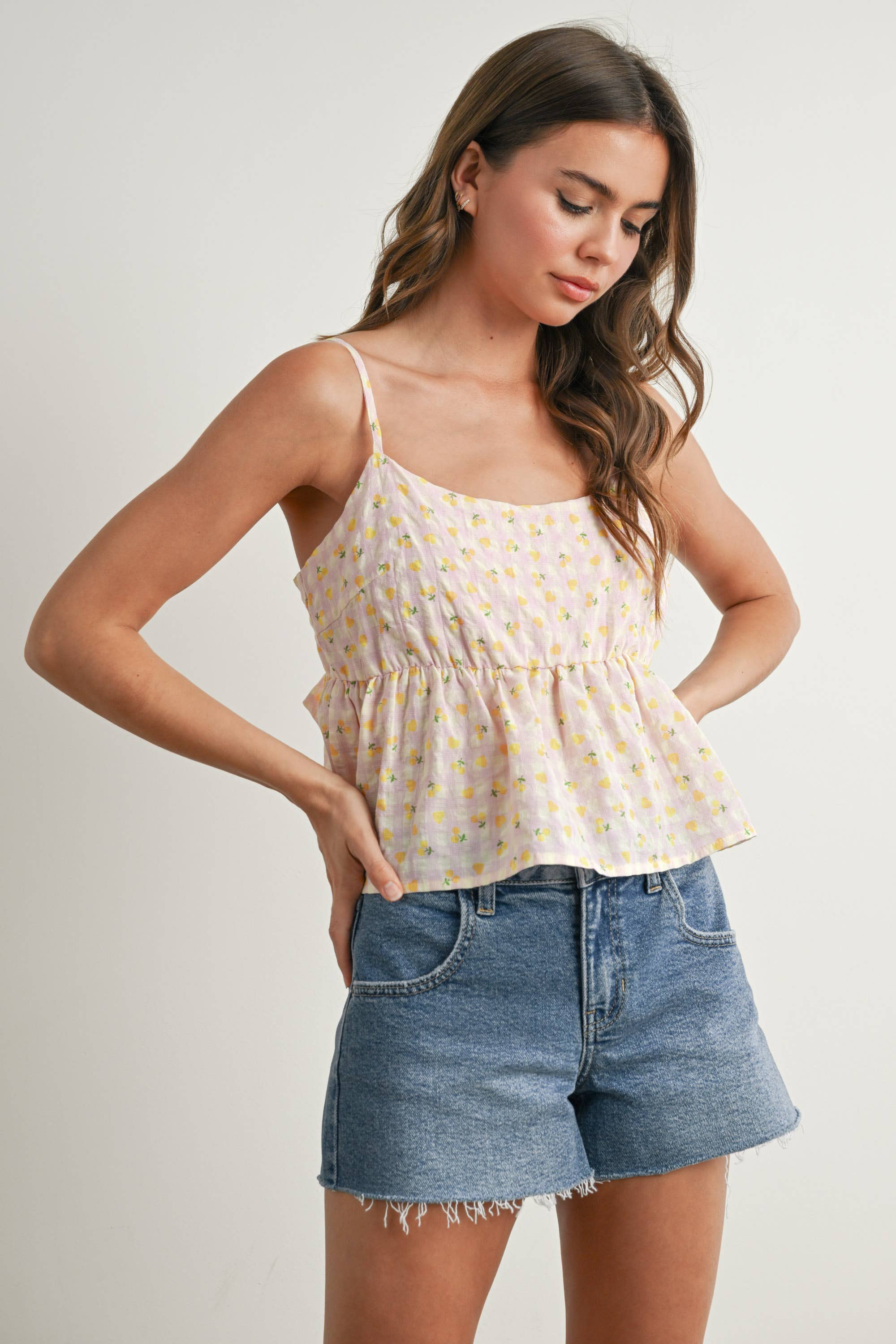 Printed Gingham Ruffle Tank Top