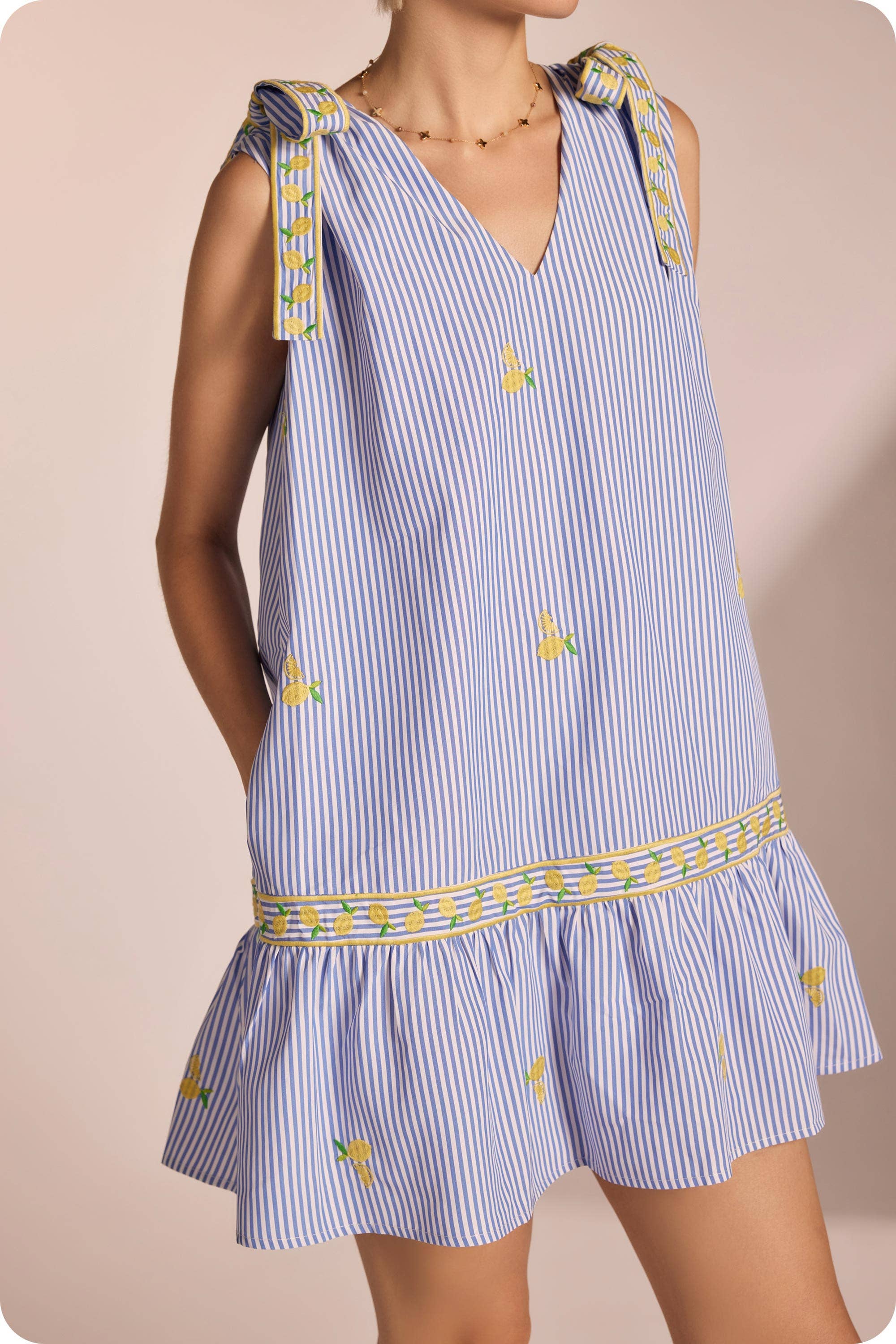 Lemon Embroidery Bow Strap Stripe Mini Dress