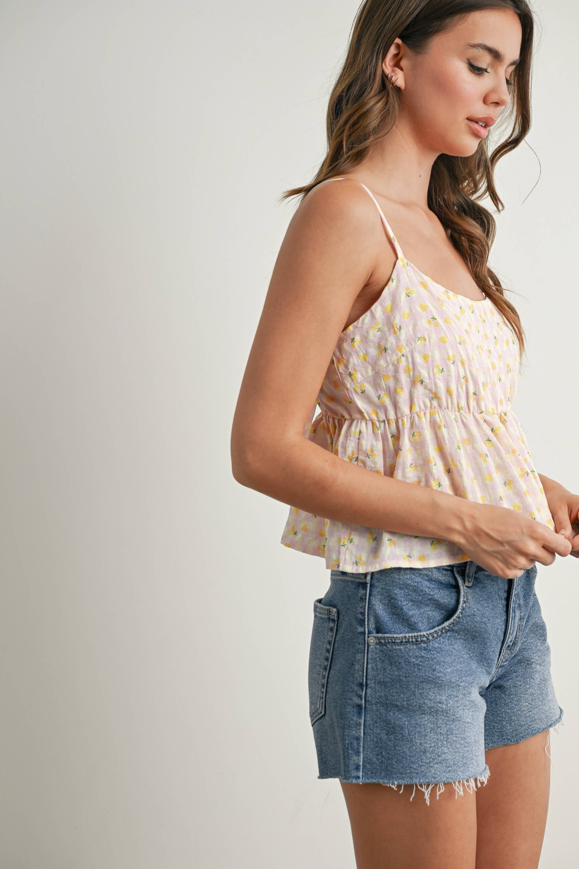 Printed Gingham Ruffle Tank Top