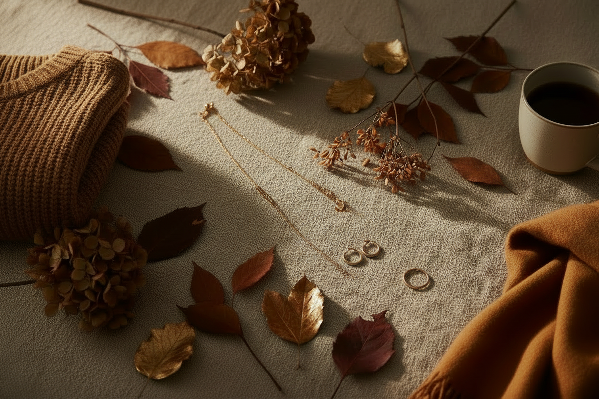Autumn hero with dainty gold jewelry