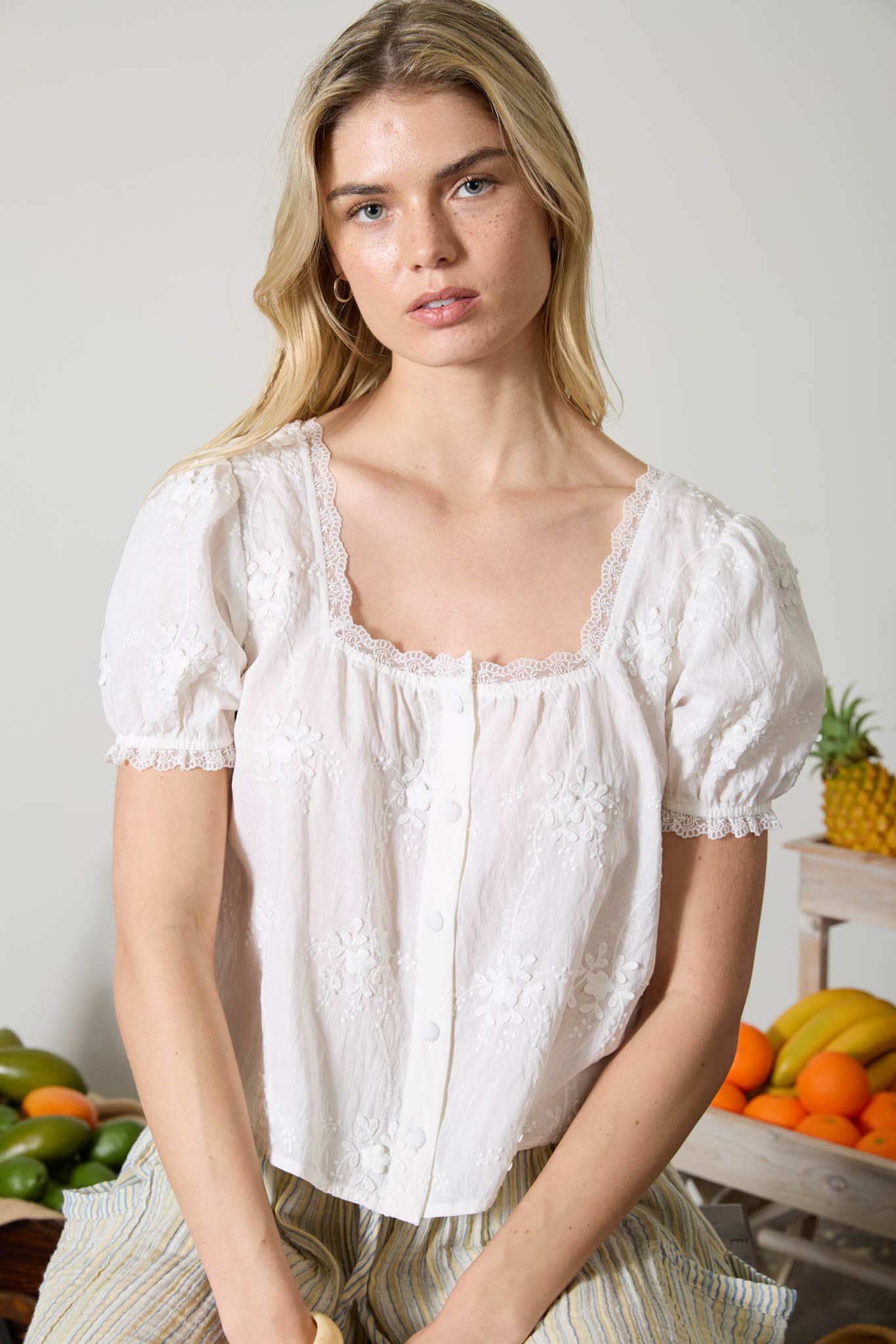 FLORAL EMB LACE TRIM PUFF SLEEVE