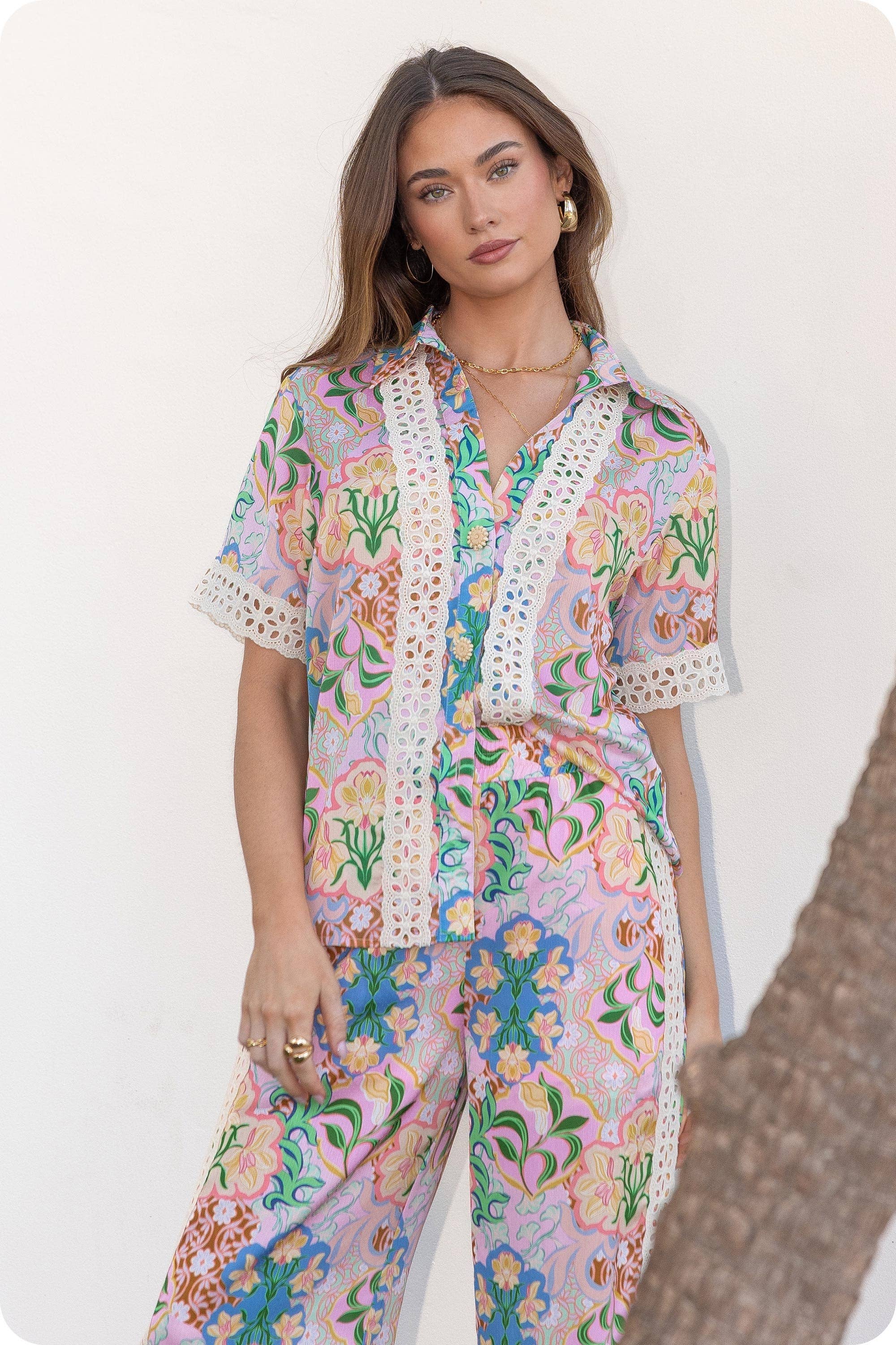 Garden Party Crochet Contrast Trim Satin Shirt