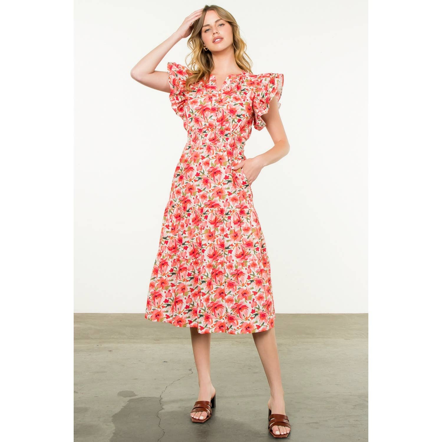 Ruffle Sleeve Flower Print Dress