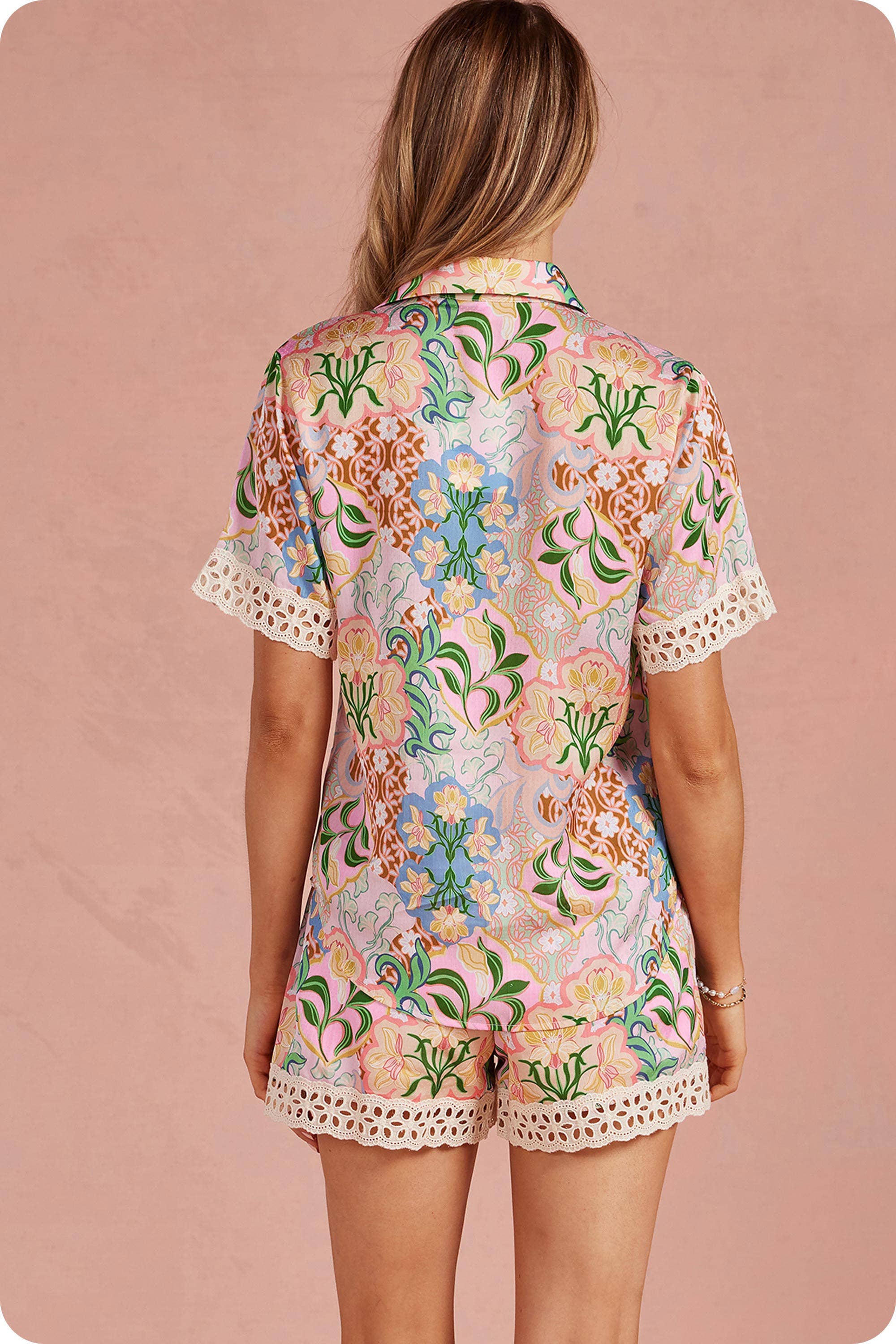 Garden Party Crochet Contrast Trim Satin Shirt