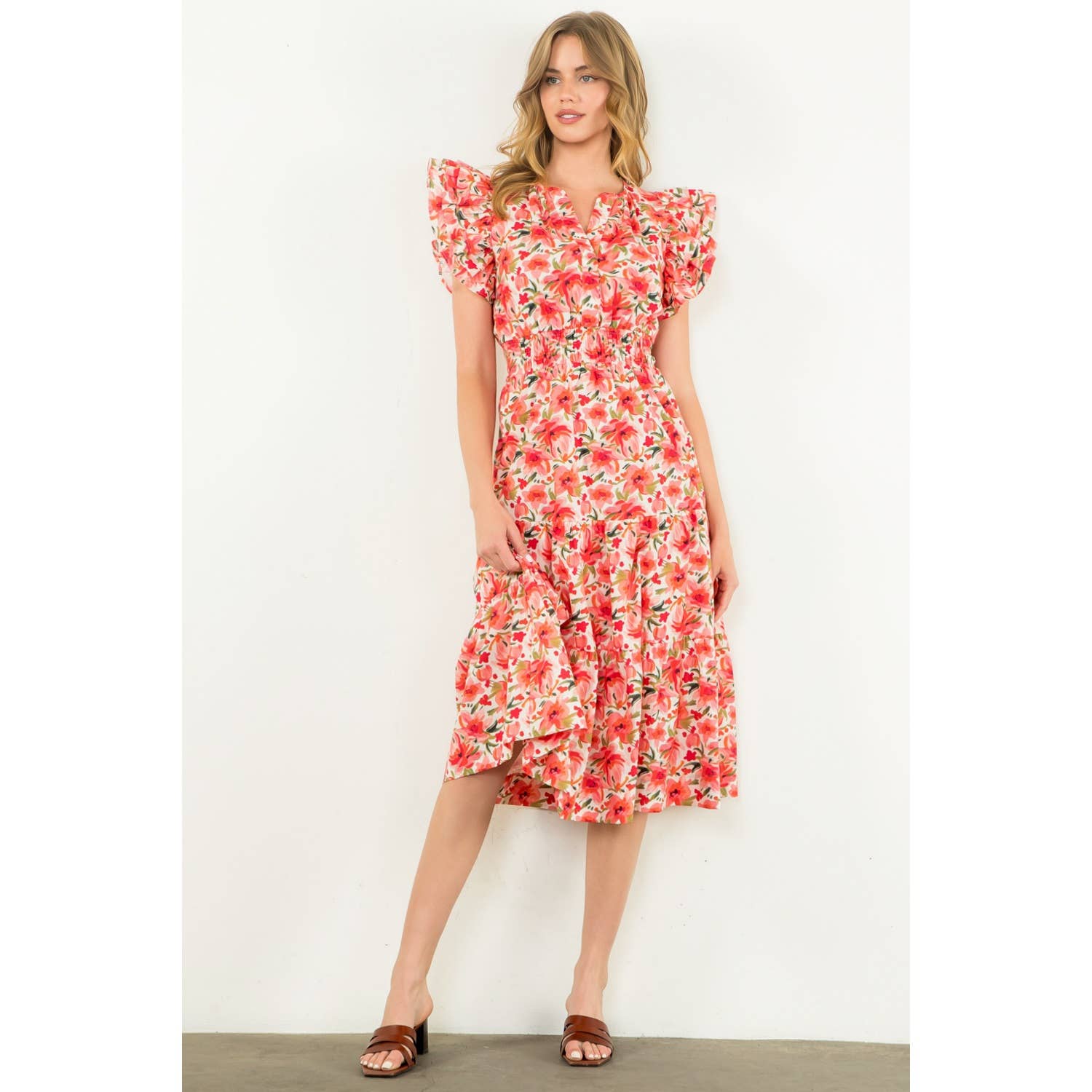 Ruffle Sleeve Flower Print Dress