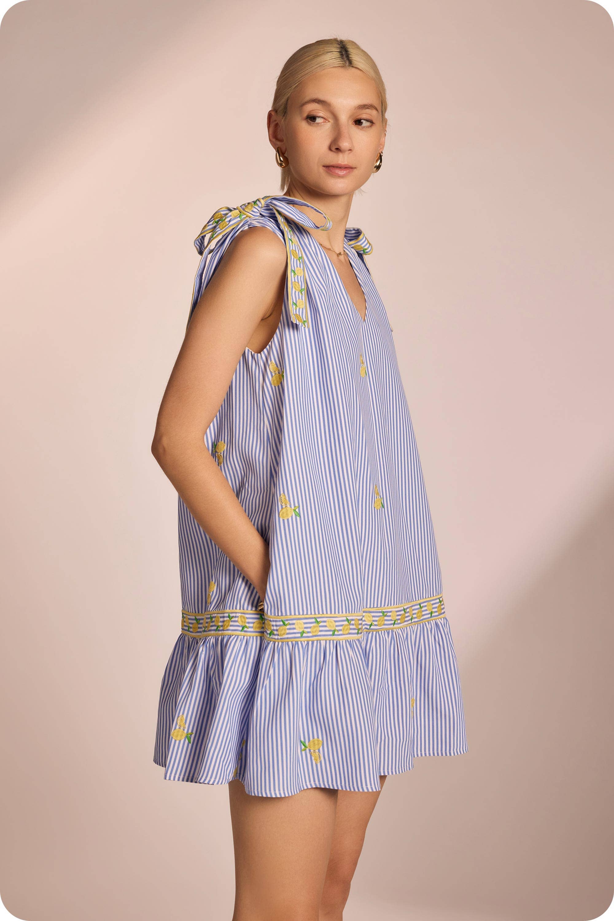 Lemon Embroidery Bow Strap Stripe Mini Dress