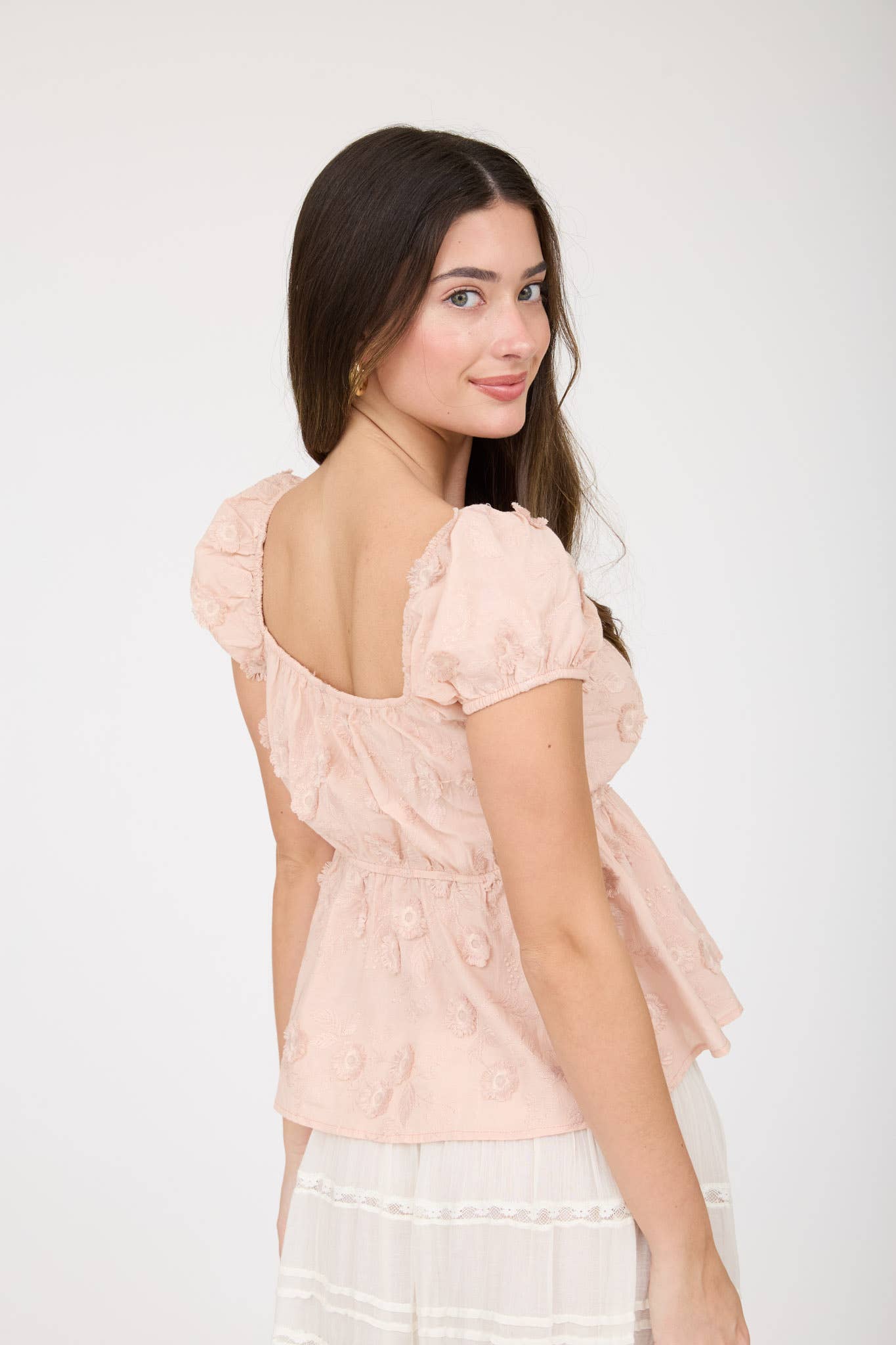 EMB 3D FLORAL PATTERN PUFF SLEEVE