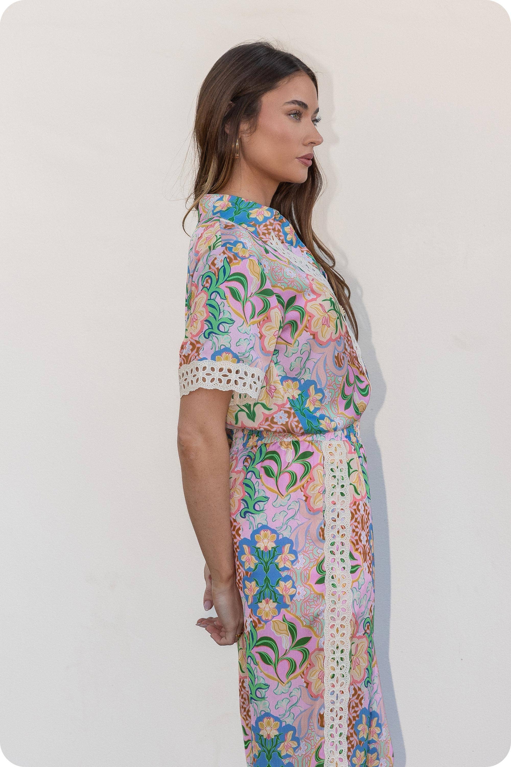 Garden Party Crochet Contrast Trim Satin Shirt
