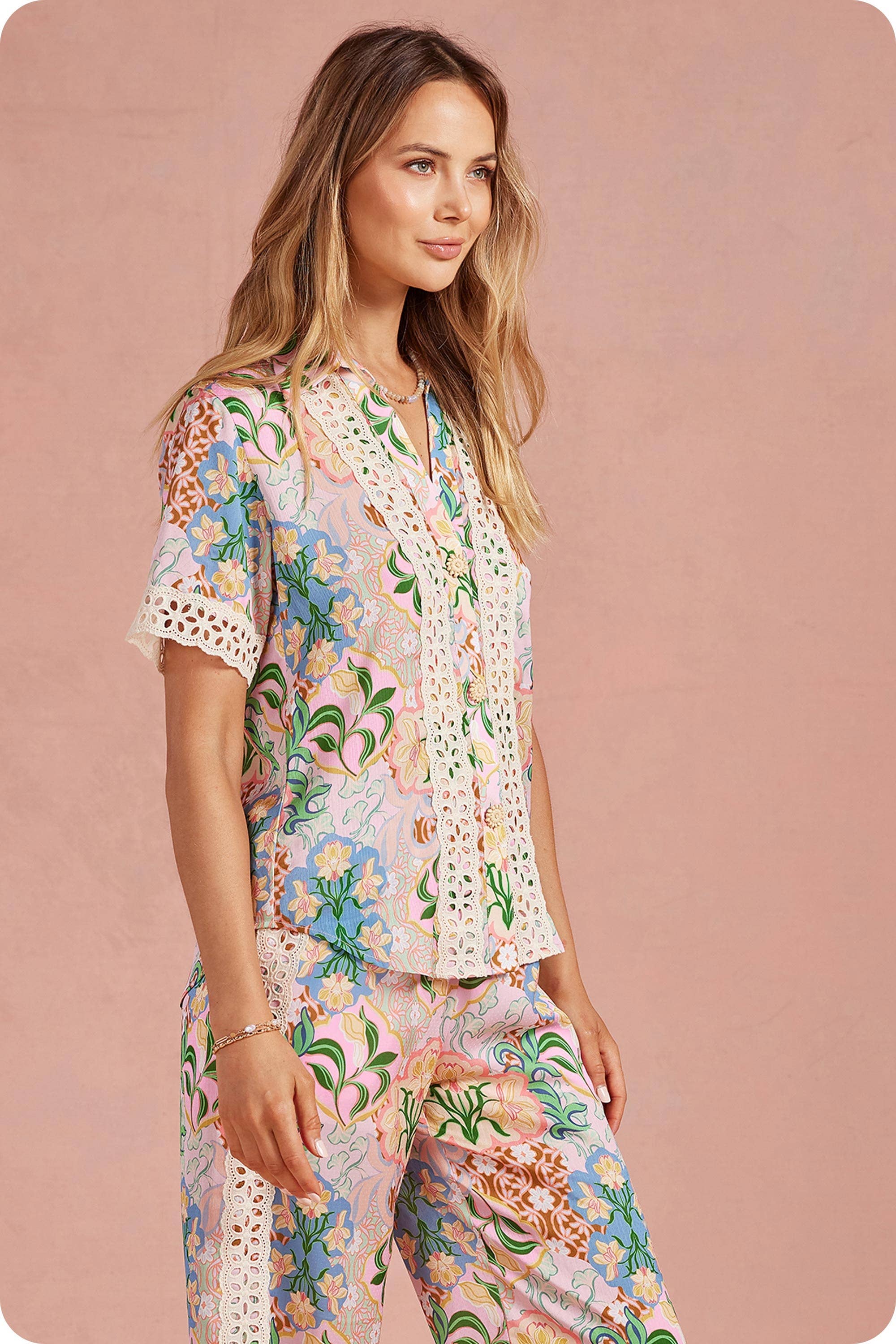 Garden Party Crochet Contrast Trim Satin Shirt